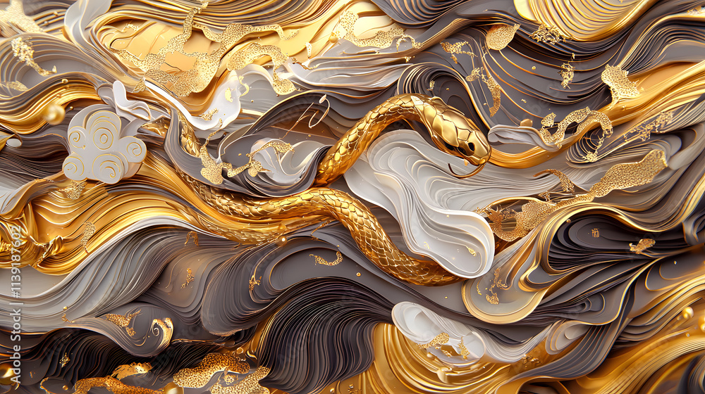 Poster dynamic golden snake flowing through elegant waves abstract art creation digital art environment cre