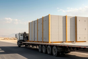 Prefabricated Wall Sections Being Transported on a Flatbed Truck Under Clear Sky Conditions
