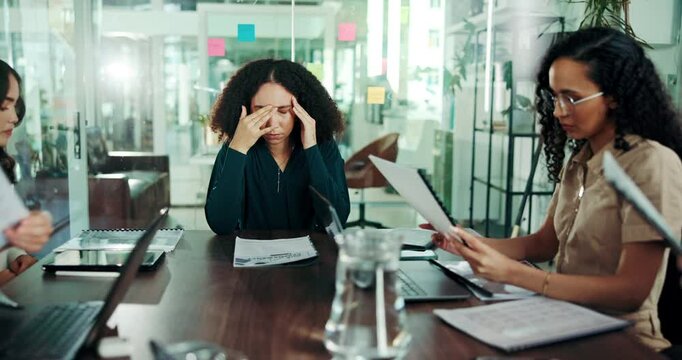 Frustrated, business woman and meeting with chaos, headache or stress for overwhelming or busy office. Female person, migraine and pressure with vertigo or documents for anxiety, strain or overworked