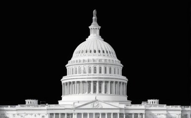 Fototapeta premium Neoclassical United States Capitol Building with Dome and Flag Statue, Black and White Photo from Low Angle