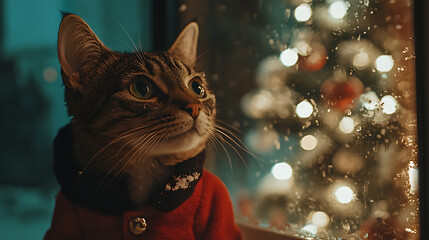 cat in Christmas outfit gazes at festive tree through window
