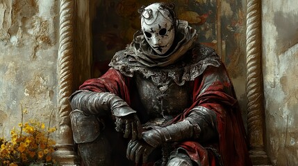 Obraz premium Mysterious Medieval Knight in Red Cloak and Mask