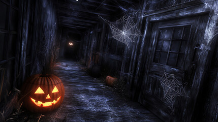 Obraz premium dark alley decorated for Halloween with glowing pumpkins and cobwebs