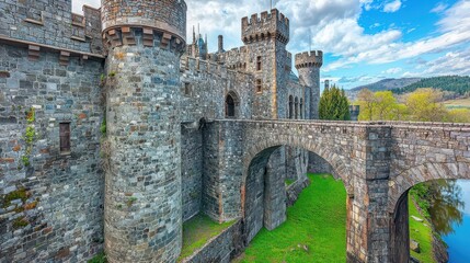 Obraz premium A classic European castle with towering stone walls, grand turrets, and a majestic drawbridge spanning a tranquil river. The historic architectural marvel evokes tales of kings, knights, and 