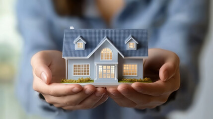young man and woman investor holding house model