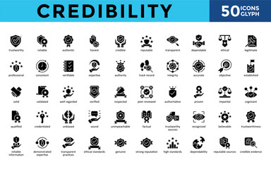 Credibility icons set with trustworthy, reliable, authentic, honest, credible, reputable, transparent, dependable, ethical, legitimate icon. Simple glyph vector 
