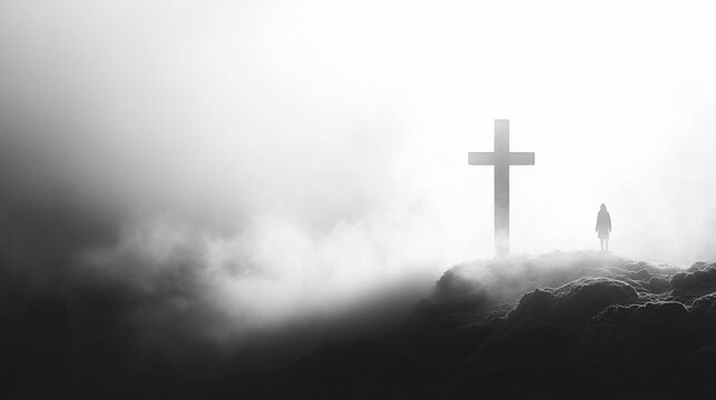 Silhouette of person standing before a cross on a foggy mountaintop.