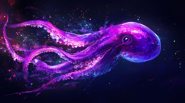 A japanese flying squid bursts forth from the darkness, its iridescent body glowing in shades of violet and. Fathomless. Illustration