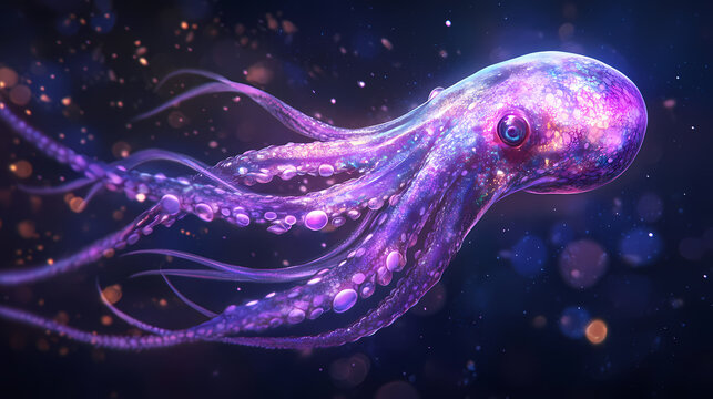 A japanese flying squid bursts forth from the darkness, its iridescent body glowing in shades of violet and. Fathomless. Illustration