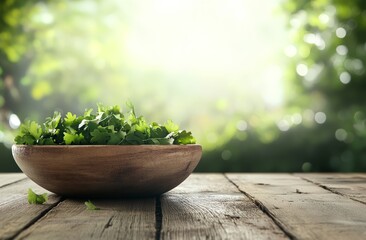 Fresh green herbs in wooden bowl on rustic table.
