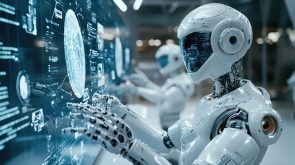 A cutting-edge scientific research facility equipped with futuristic laboratories, robotic assistants conducting experiments, and researchers analyzing digital data projections on holographic 