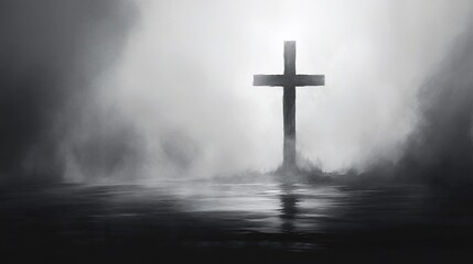 A dark, moody image of a cross standing in a misty landscape, reflecting in the water.