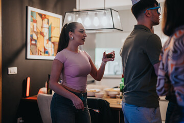 Obraz premium Friends enjoying a birthday celebration at home with drinks and laughter