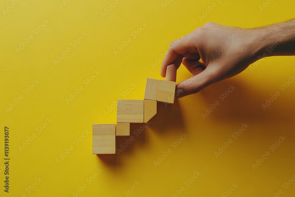 Poster hand arranging wooden blocks in ascending order on yellow background.