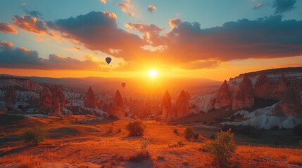 Fototapeta premium A stunning sunset over a unique landscape with hot air balloons drifting in the sky.