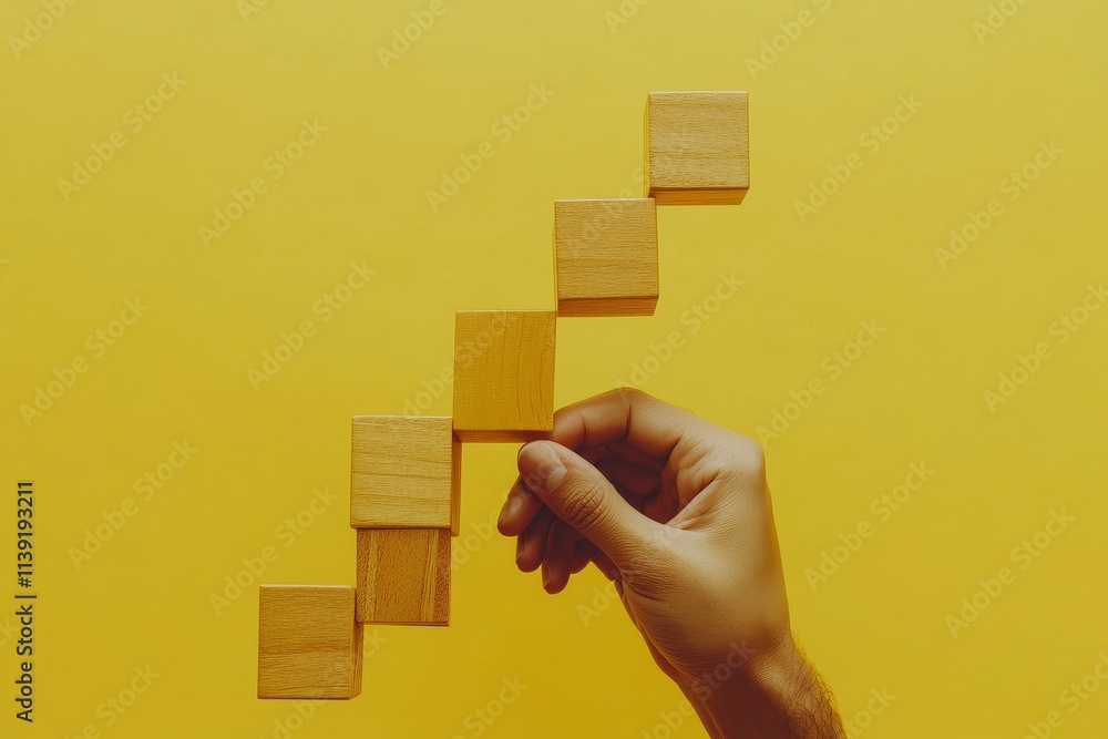 Poster hand arranging wooden blocks in ascending order, symbolizing growth and progress on yellow backgroun