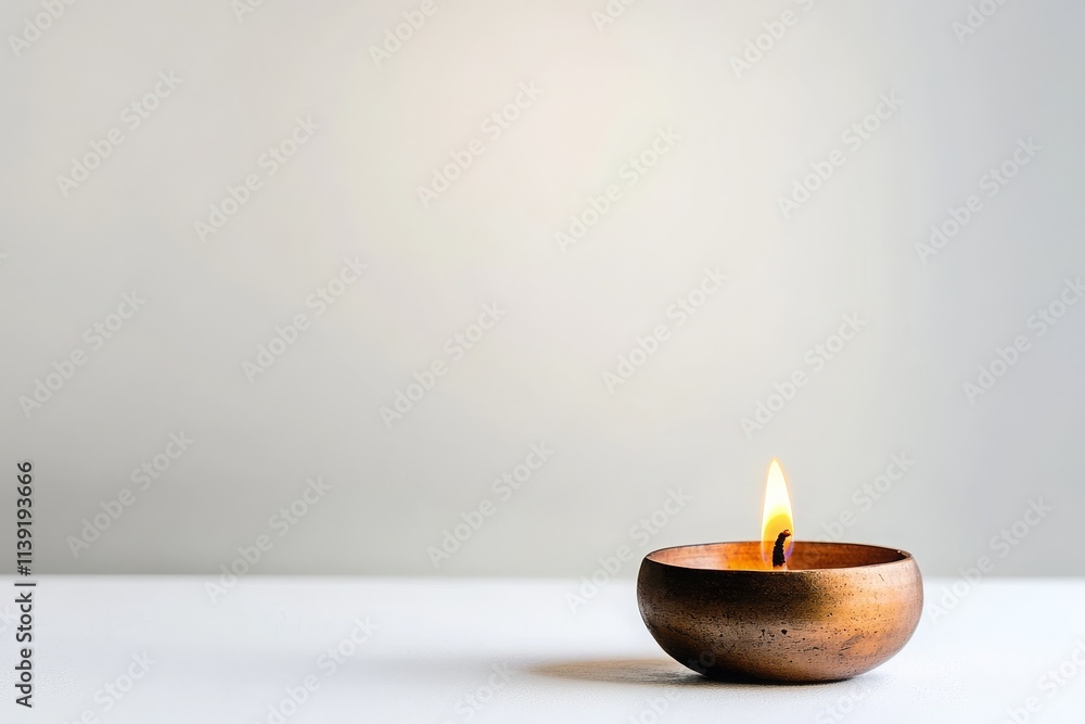 Poster serene and minimalist candlelit scene featuring a single flame in a rustic bowl on a simple white ba