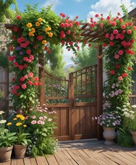 Fototapeta premium Lush greenery and blooming flowers intertwined on a wooden trellis, gardening , vines