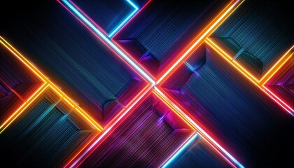 Vibrant neon lines intersect on a dark textured background, creating a dynamic and energetic composition.