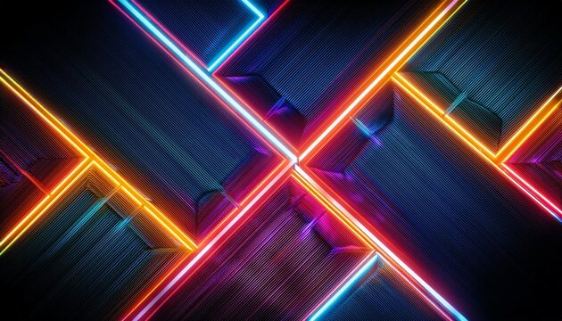Vibrant neon lines intersect on a dark textured background, creating a dynamic and energetic composition.
