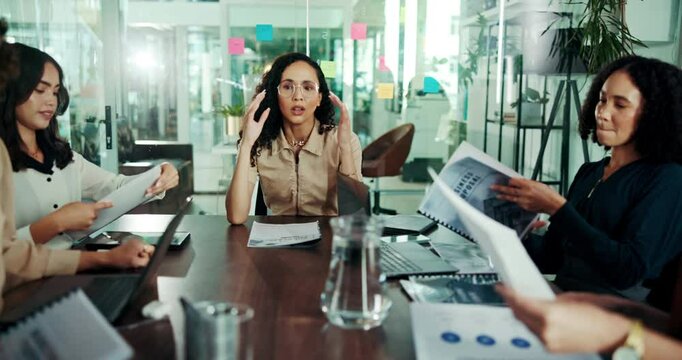 Woman, stress and overwhelmed with business people at startup, documents and frustrated with chaos. Person, leader and headache with staff, paperwork and meeting with proposal at creative agency