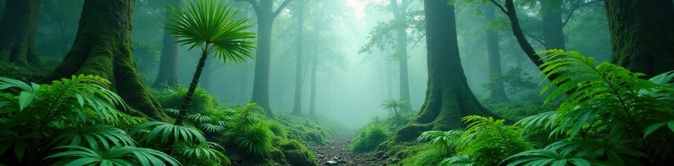misty forest with greenery and ferns in the background, forest, palm, foliage