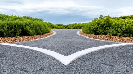 Fototapeta premium Pathway Split with Greenery and Gravel Under a Cloudy Sky