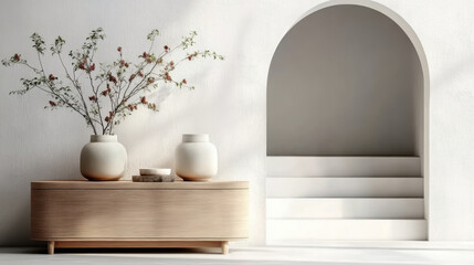 Wooden cabinet near venetian stucco wall with arched doorway Mediterranean interior design
