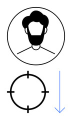 Male profile portrait in circle above a crosshair target and blue downward arrow. Ideal for user profile selection, focus targeting, recruiting, tracking, navigation, user interaction. Line metaphor