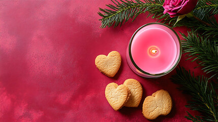 Romantic pink candle with heart shaped cookies and rose on red background