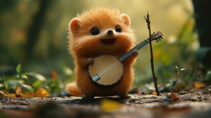 A cute, furry creature playing a banjo in a forest setting, exuding joy and whimsy.