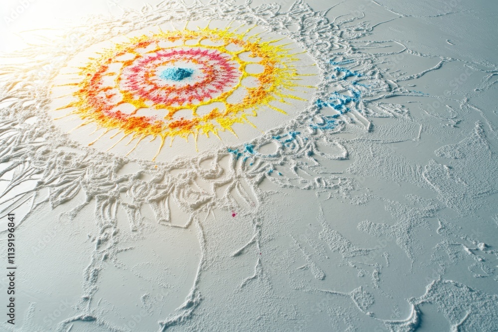 Poster vibrant circular mandala design created with colorful powders on a white surface, showcasing intrica