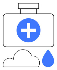 Obraz premium First aid kit with a cross, cloud, and raindrop. Ideal for healthcare, emergency preparedness, mental health, weather alert, environment safety medical services health awareness. Line metaphor