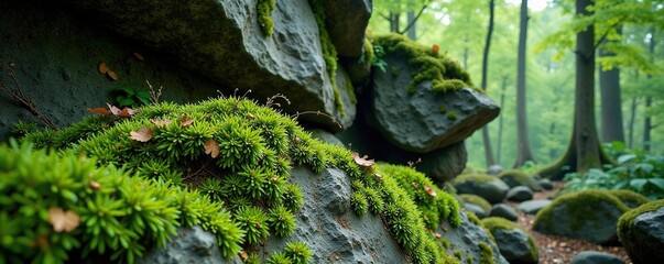 Overgrown rock formation with lush green moss and lichen, rocks, trees, moss