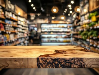 Obraz premium Wooden table in blurred grocery store.