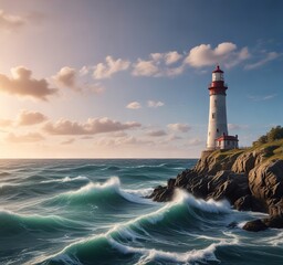 Obraz premium Panorama of the ocean with a lighthouse in the foreground, coastal, ocean
