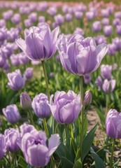 Obraz premium Pastel lilac double tulips swaying gently in a warm sunny field, nature scene, lilac flowers, blooming flowers