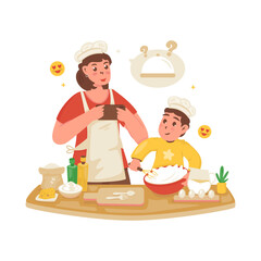 Mother and son in process of making cake vector illustration