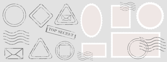 Empty blank postal stamp collection. Diverse blanks of postmarks with wavy postage stamps. Grunge textured stamps and seals. Vector design elements