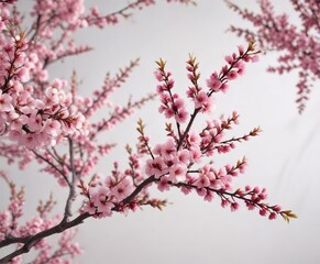 Obraz premium Pink cherry blossom tree branches with leaves against a white canvas , blossom tree, nature photography, white background