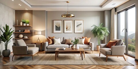 Contemporary Living Room Interior with Empty Picture Frame, Minimalist Design, Modern Furniture, Natural Light, Cozy Atmosphere, Open Space, Stylish Decor, Neutral Tones, Elegant Aesthetics