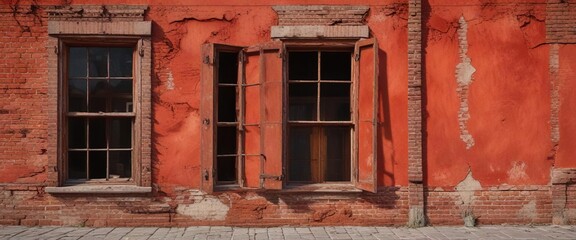 Obraz premium Red brick walls with old, worn-out window frames and rusty hinges against an abstract red background, aged, weathered, concrete
