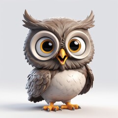Obraz premium Cute cartoon owl with big eyes and a friendly expression, standing on a white background. Perfect for educational materials, children's books, and nature-themed designs. 