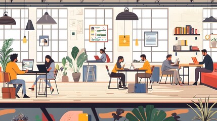 A modern co-working space filled with entrepreneurs collaborating on laptops