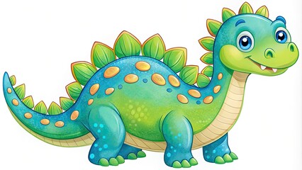 Fototapeta premium Cute Cartoon Dinosaur Illustration in Green and Blue for Children's Books and Nursery Decor, Isolated on White or Transparent Background