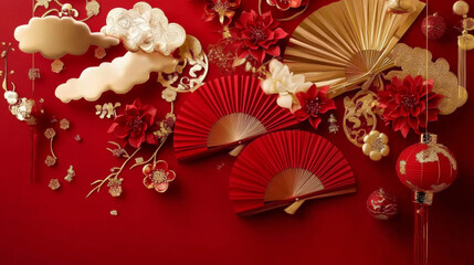 Elegant red and gold decorations featuring fans, flowers, and clouds create festive atmosphere for Chinese New Year celebrations. vibrant colors symbolize prosperity and joy