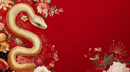 Obraz premium luxurious illustration of golden snake coiled elegantly deep red background, surrounded by ornate floral patterns and glowing accents, celebrating Year of Snake with intricate details and festive