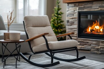 Fototapeta premium Modern rocking chair with black metal frame, light beige fabric, and wooden armrests in front of a fireplace. Accent table beside it, with a window and sofa in the background. Natural lighting and hom