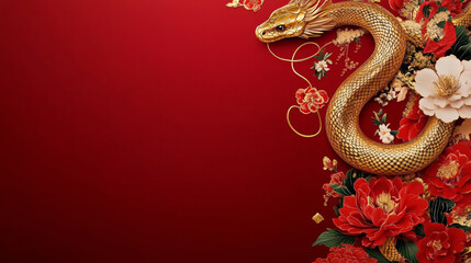 Fototapeta premium golden snake entwined among vibrant red and white flowers on rich red background, symbolizing prosperity and good fortune. Perfect for celebrations