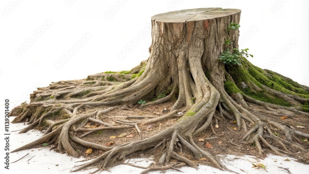 Poster root system of a tree stump with visible roots and moss detail isolated in low resolution. generativ